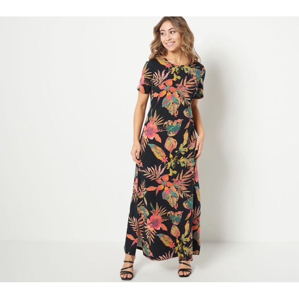 Denim & Co. Women's Petite Dress PS Beach Short Sleeve Maxi Multi-colored
